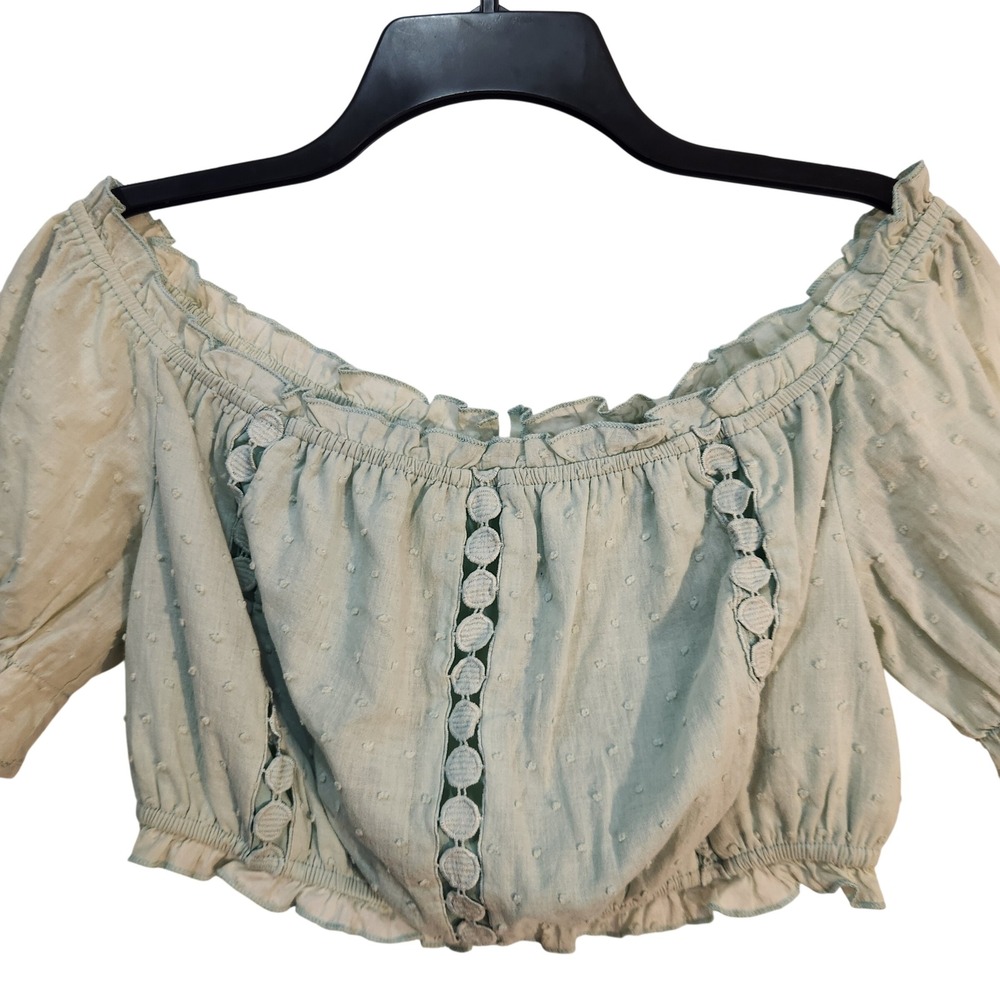 Simplee Off The Shoulder Cropped‎ Puff Sleeve Mint Green Dot Texture Size L New